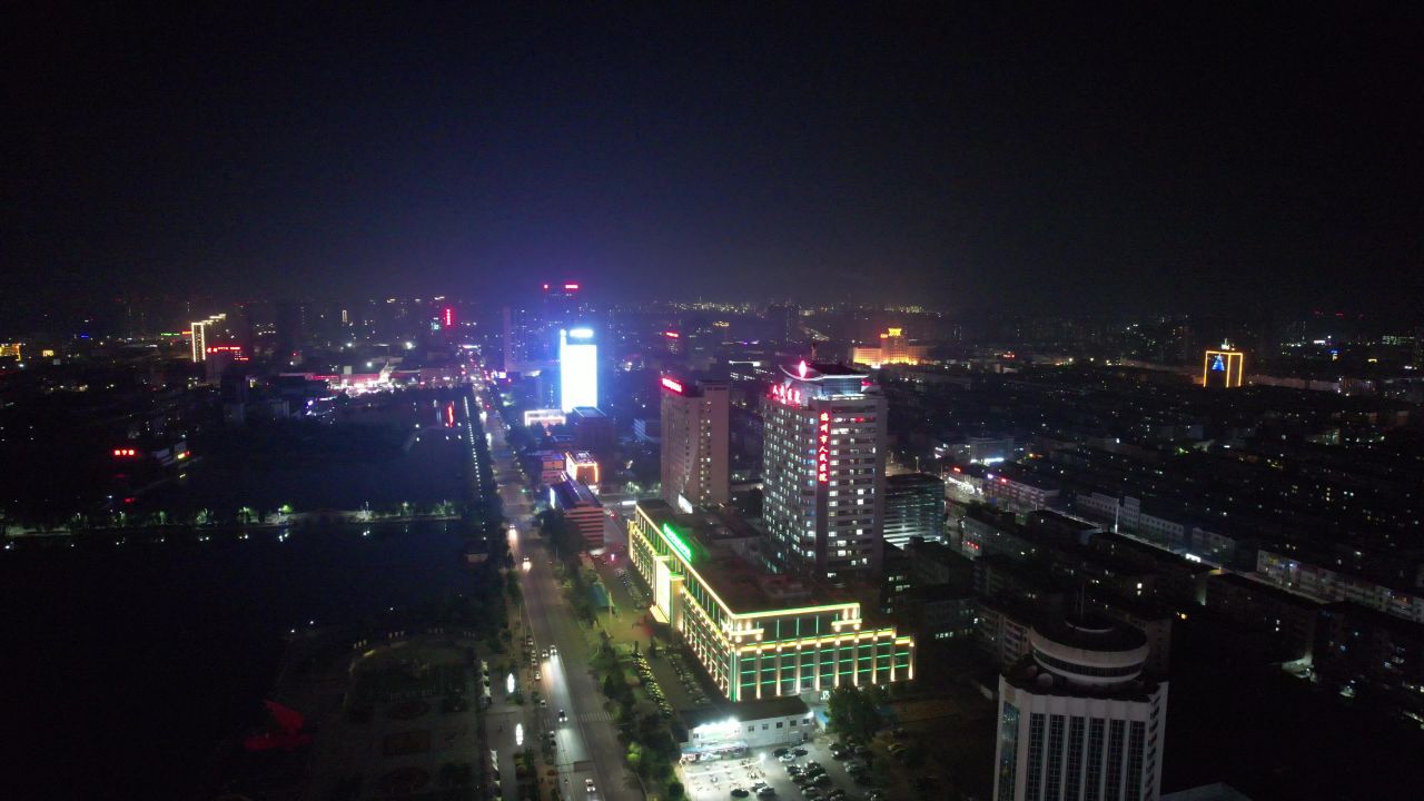 山东德州城市夜景灯光航拍 