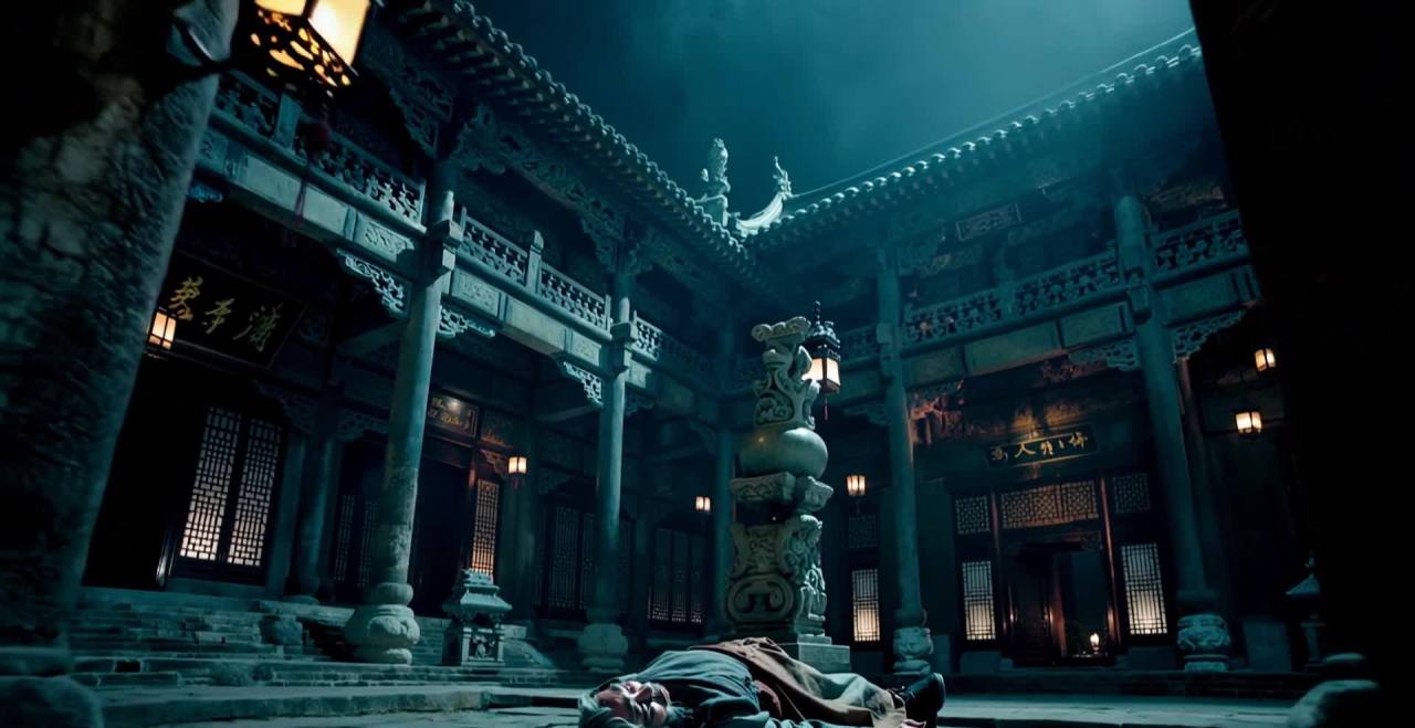 夜晚，古代宫廷庭院内，一名中国古代男子躺在地上。庭