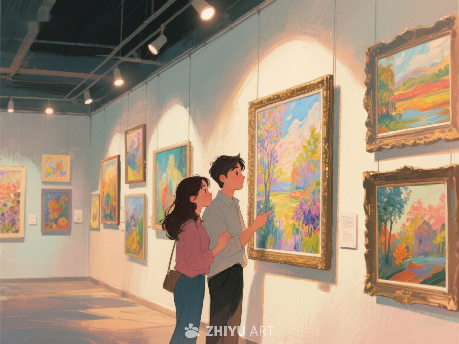 画廊中欣赏风景画的情侣 386