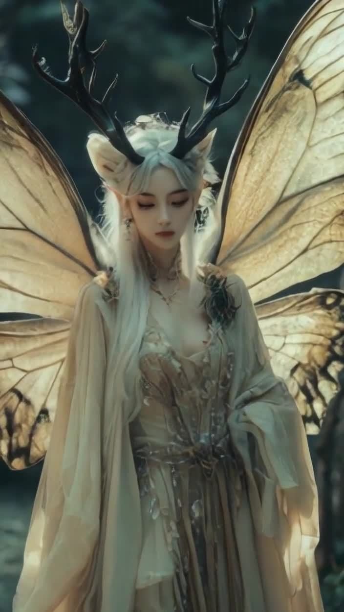 长发尖耳戴角蝴蝶翅膀的优雅女性，树林背景。