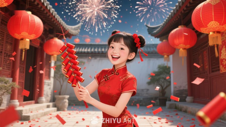 欢庆春节，女子手持鞭炮笑迎新年 367