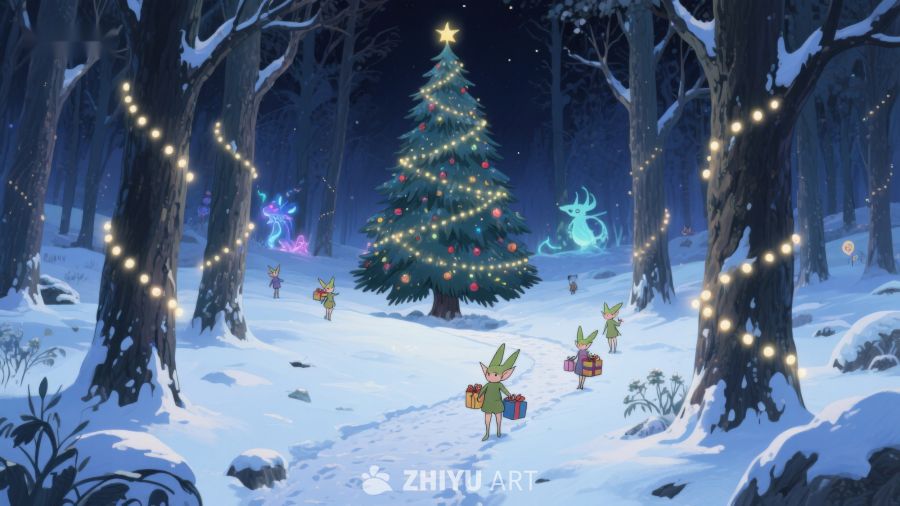 雪夜森林中的圣诞树与小精灵 381