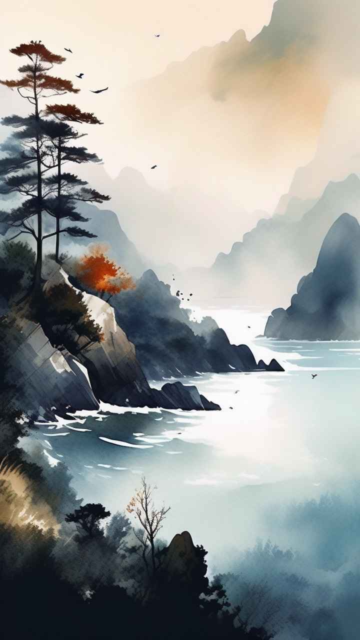 雾气缭绕水墨山水画简约风格 86