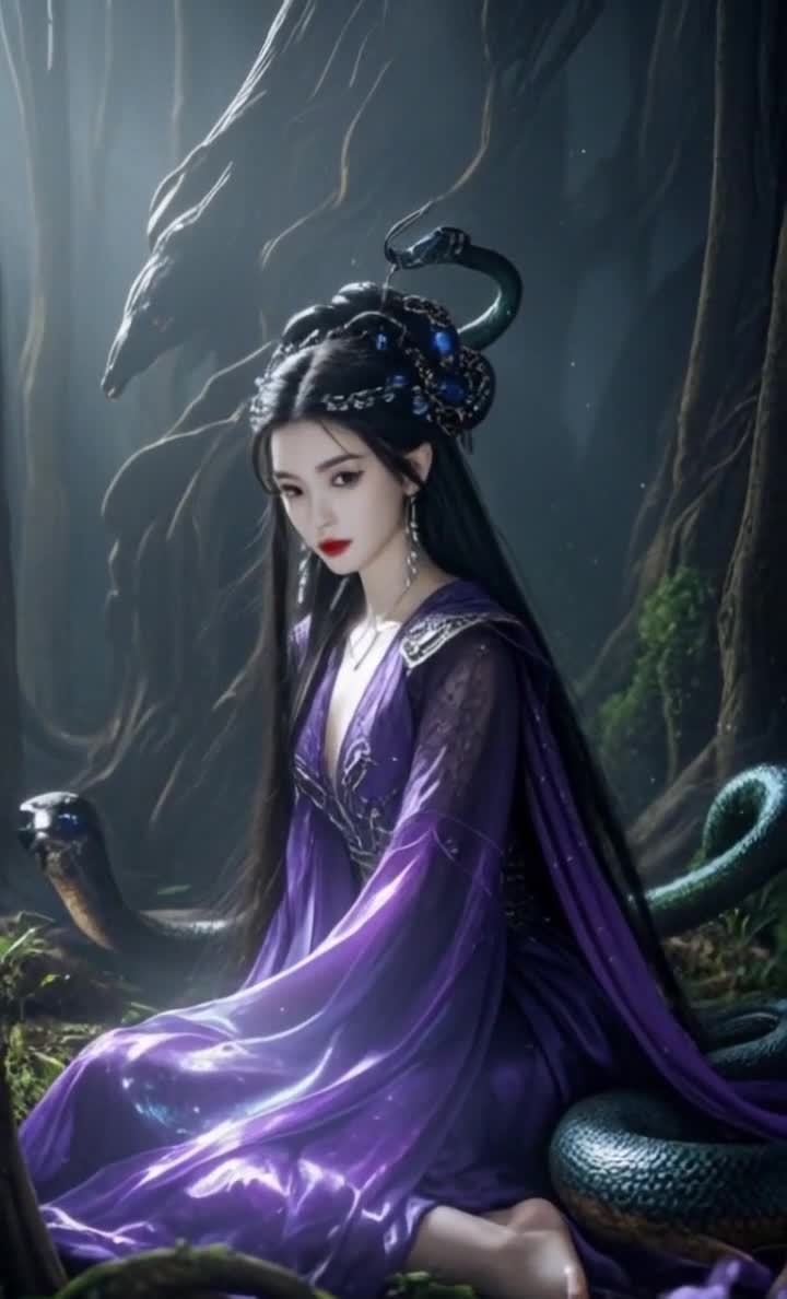 一名女子身着紫色长裙，坐在树林中，姿态优雅。她有着