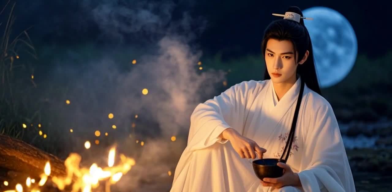 一名身着白色古装的男子，坐在火堆旁，手里拿着一个黑