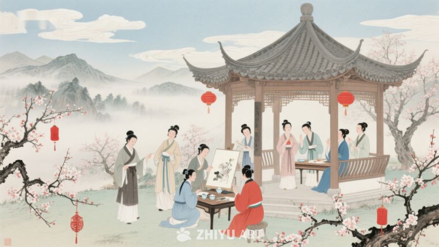 古代文人雅集，亭中作画赏景 223