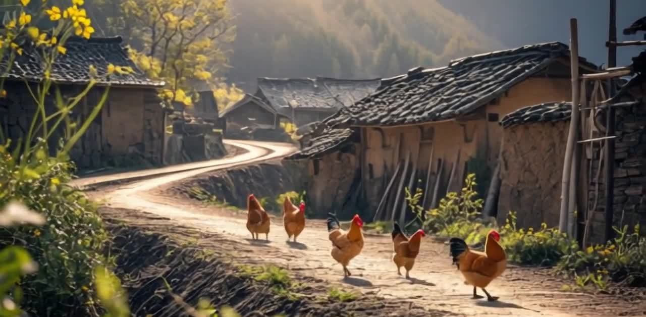 乡村小路上的鸡群，温馨的田园风光画卷。