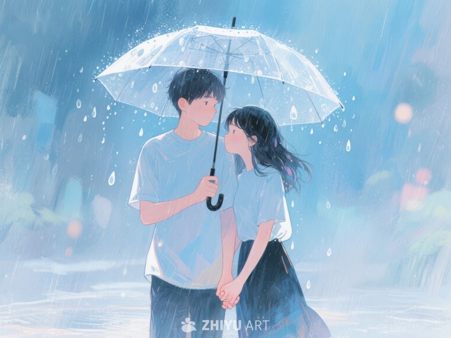 雨中情侣共撑伞温馨瞬间 1075