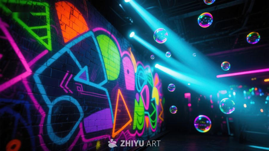 霓虹涂鸦墙与泡泡灯的炫彩空间 437