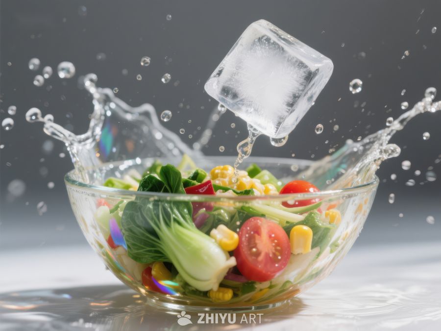 冰块落入蔬菜沙拉，溅起水花 21