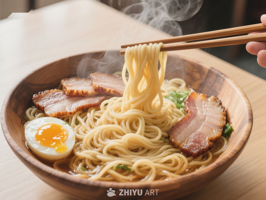 热气腾腾的拉面配叉烧和煎蛋 900