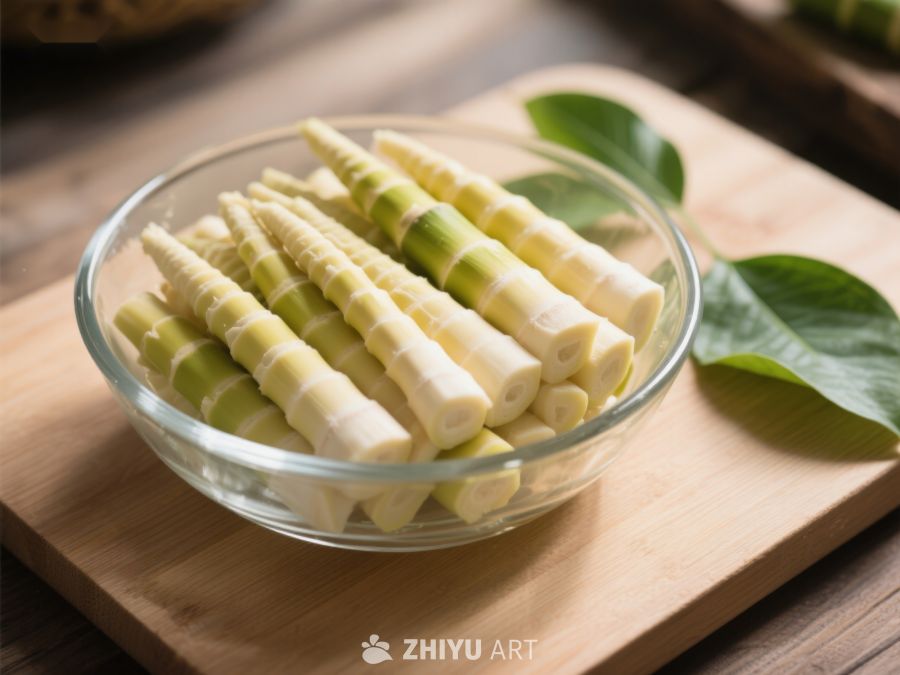 新鲜竹笋置于玻璃碗中 574