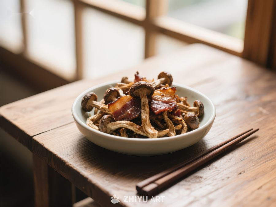 菌菇培根炒菜，木桌上的美味佳肴 424