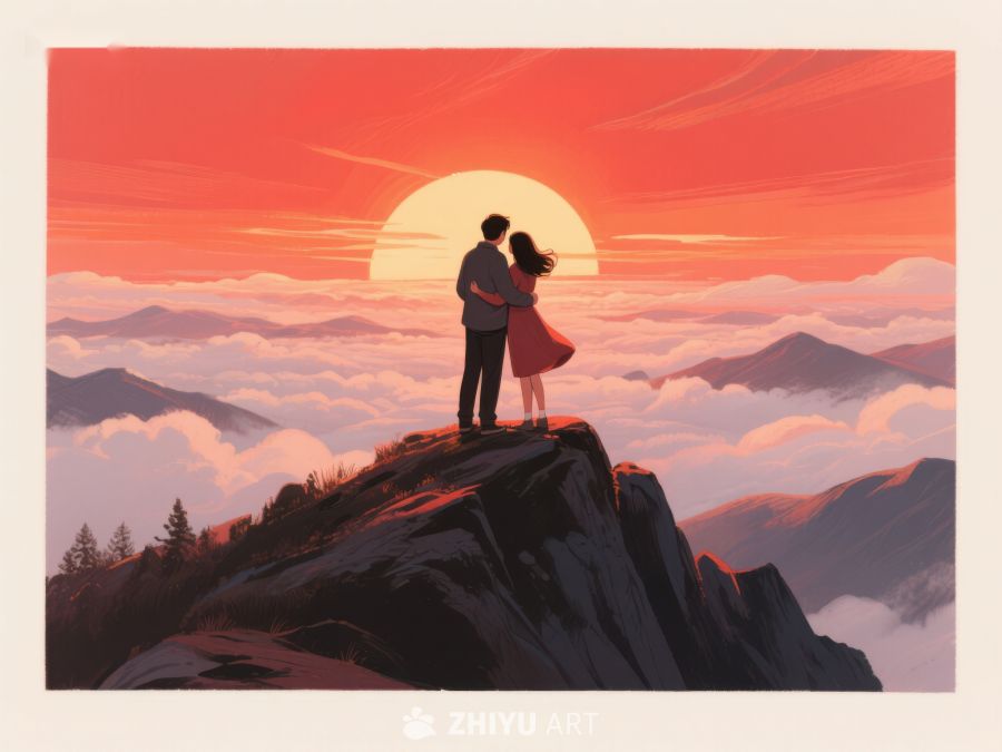 山顶情侣拥抱，夕阳云海美景 639