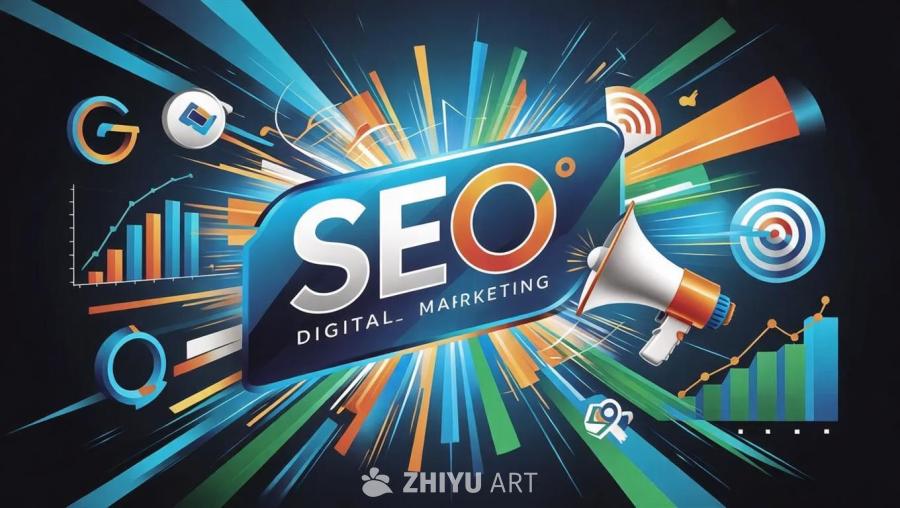 现代化的插画，展现了“SEO”（搜索引擎优化）和“