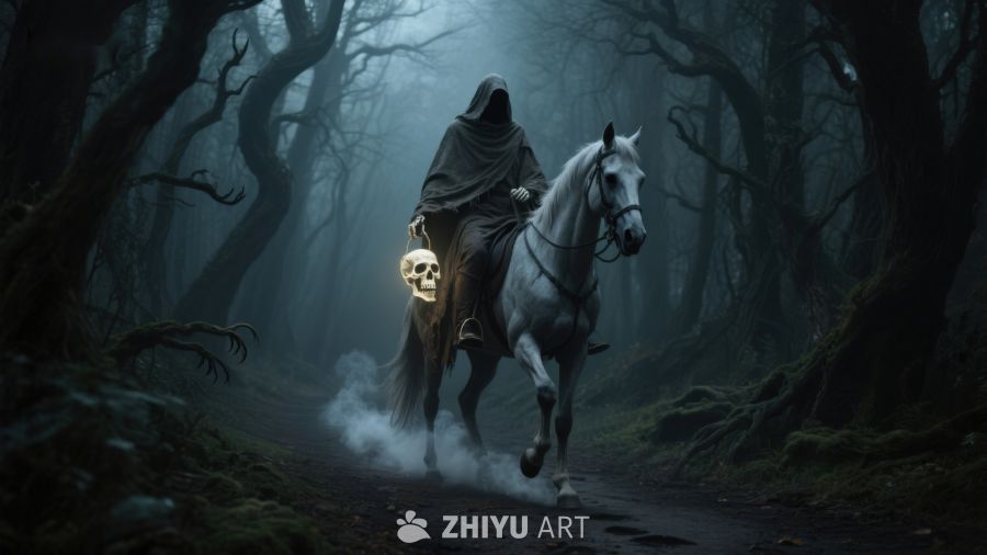 幽灵骑士在雾林中骑行