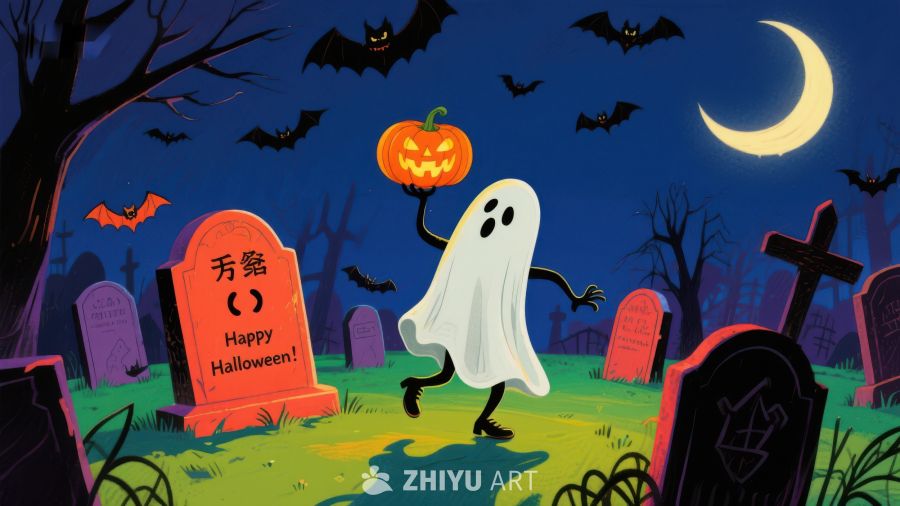 万圣节幽灵手捧南瓜灯在墓地欢庆