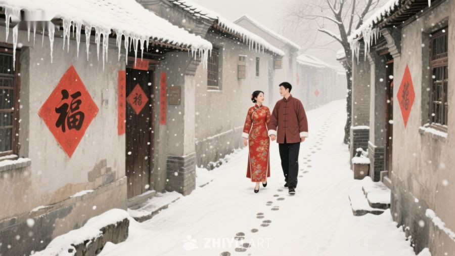 雪中古巷，情侣漫步 1110