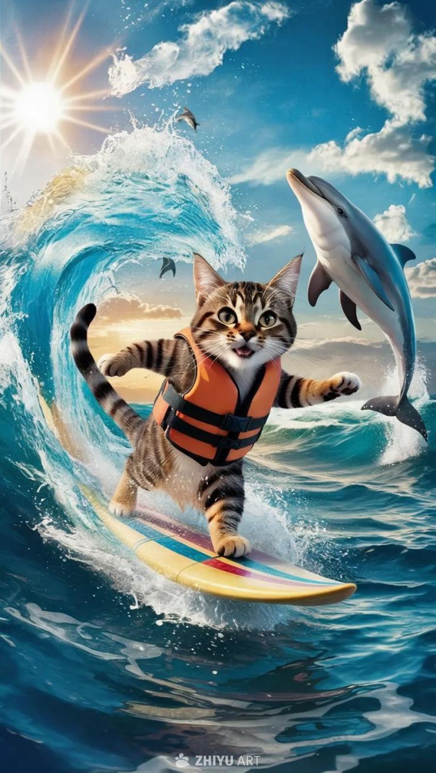 一只穿着救生衣的猫站在冲浪板上。海浪翻滚，猫的旁边