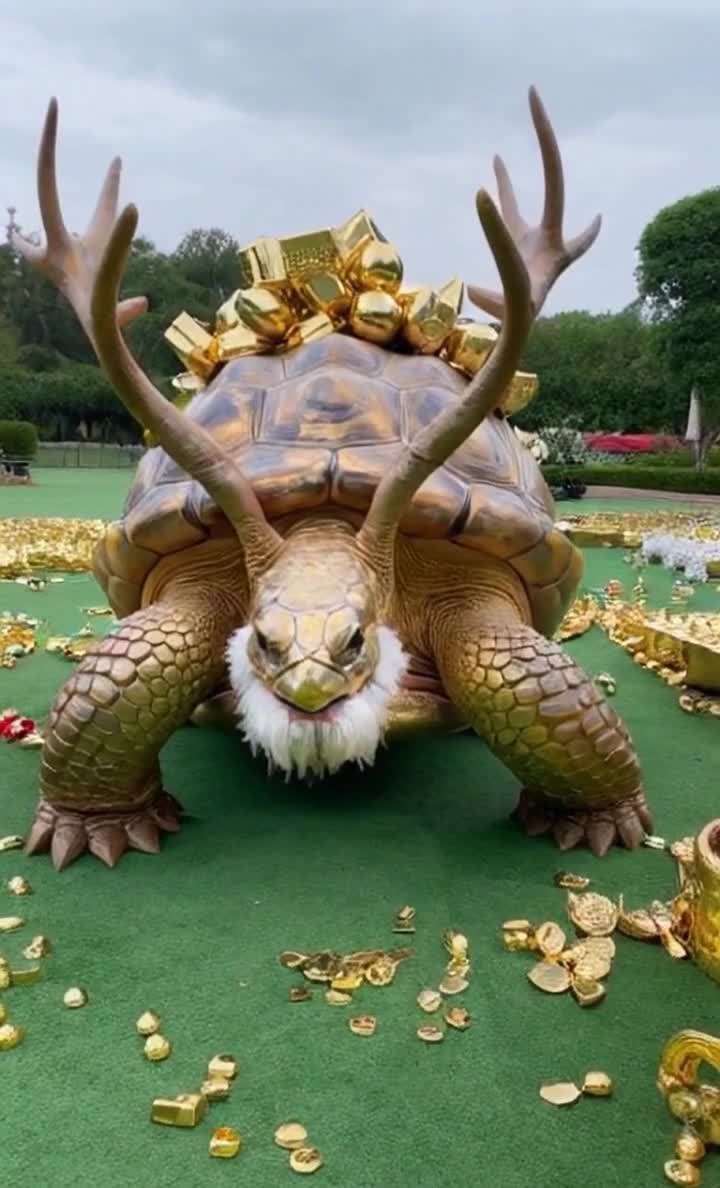 金色带角神龟，财富满地，祥瑞显现。