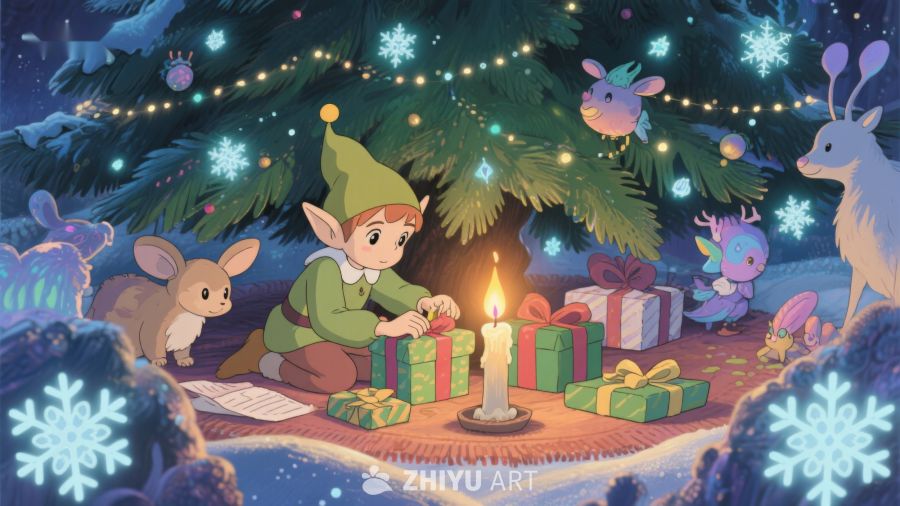 圣诞树下精灵与礼物的温馨场景 204