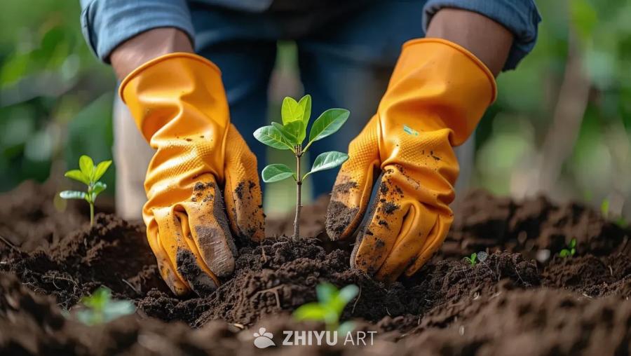 穿着橙色家用手套的人正在种植小树。泥土堆上有一棵小
