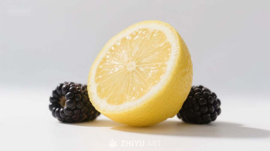 柠檬切片与黑莓的静物组合