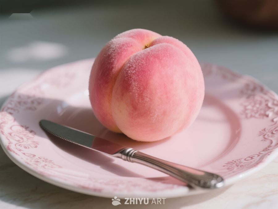 桃子置于粉色盘中，配以刀具 485