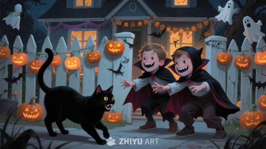 万圣节夜，孩子们装扮吸血鬼追逐黑猫