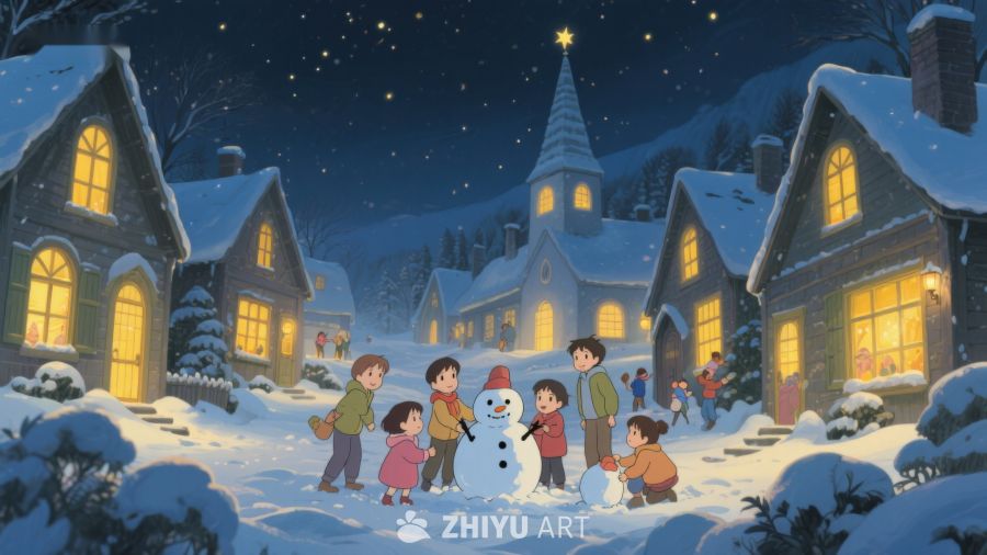 冬夜雪景中的温馨圣诞聚会 95