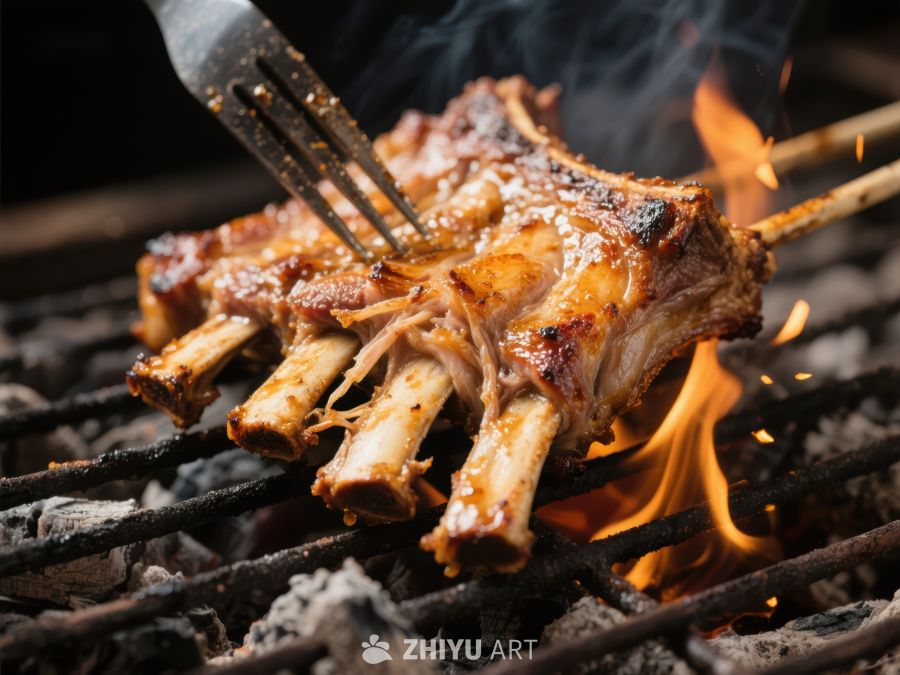 烤羊排在火焰上翻转