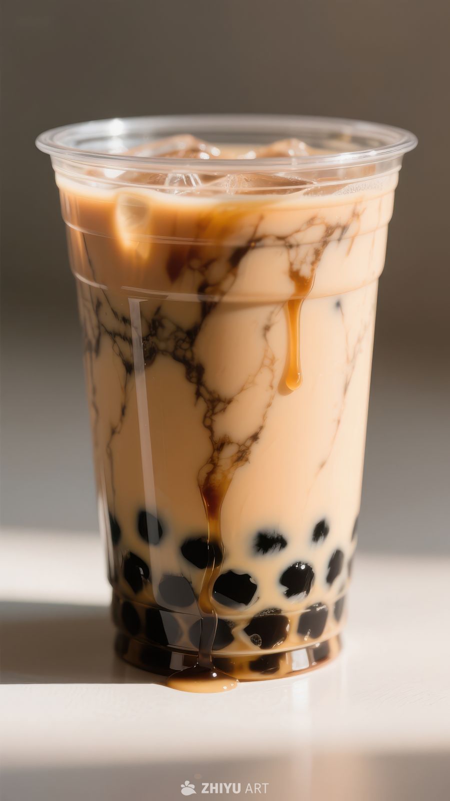 奶茶冰块珍珠特写