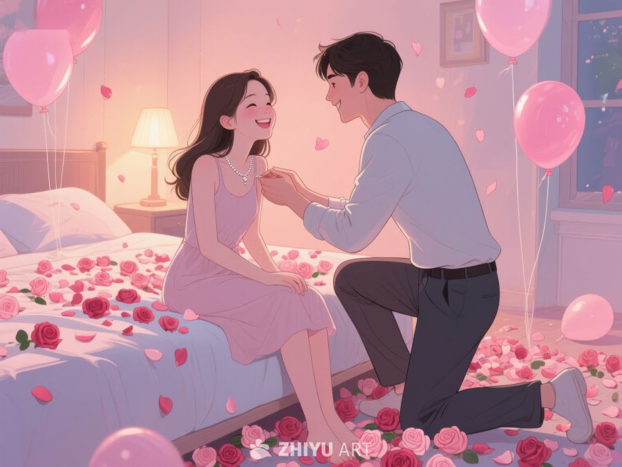 浪漫求婚场景，男子单膝跪地献戒指 412