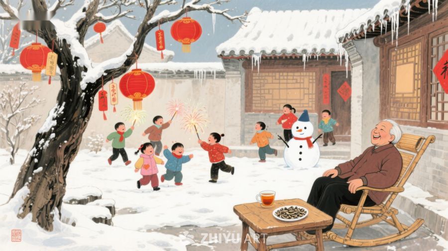雪中欢庆春节，老人静享时光 1129