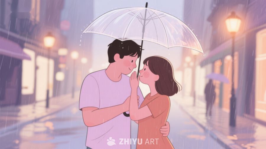 雨中情侣共撑伞温馨相拥 665