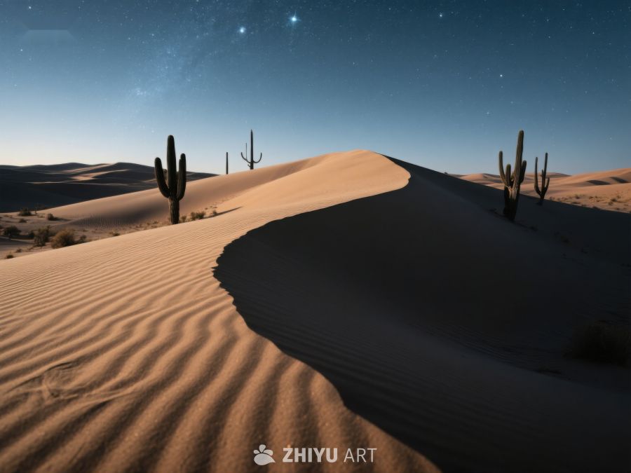 星空下的沙漠沙丘与仙人掌 211