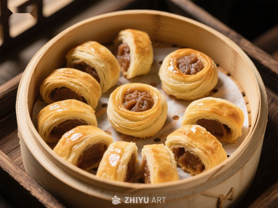 金黄酥皮点心蒸笼中摆放 259