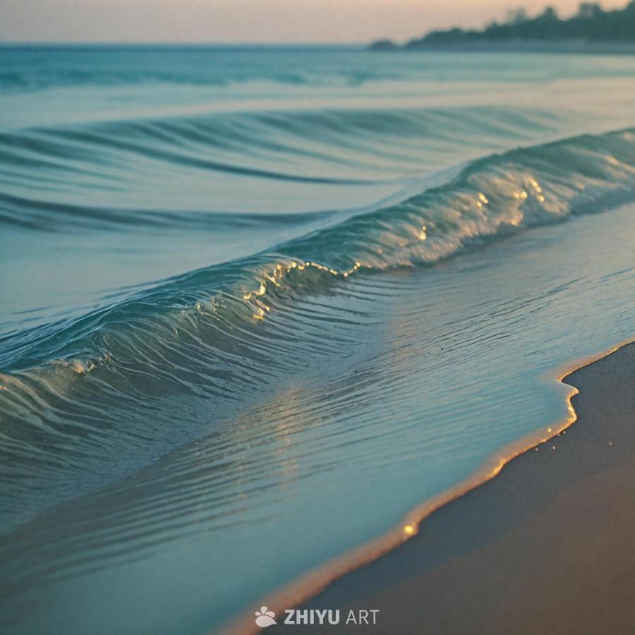 海滩上，一朵小浪正拍打着海岸。海水呈现出蓝绿色的混