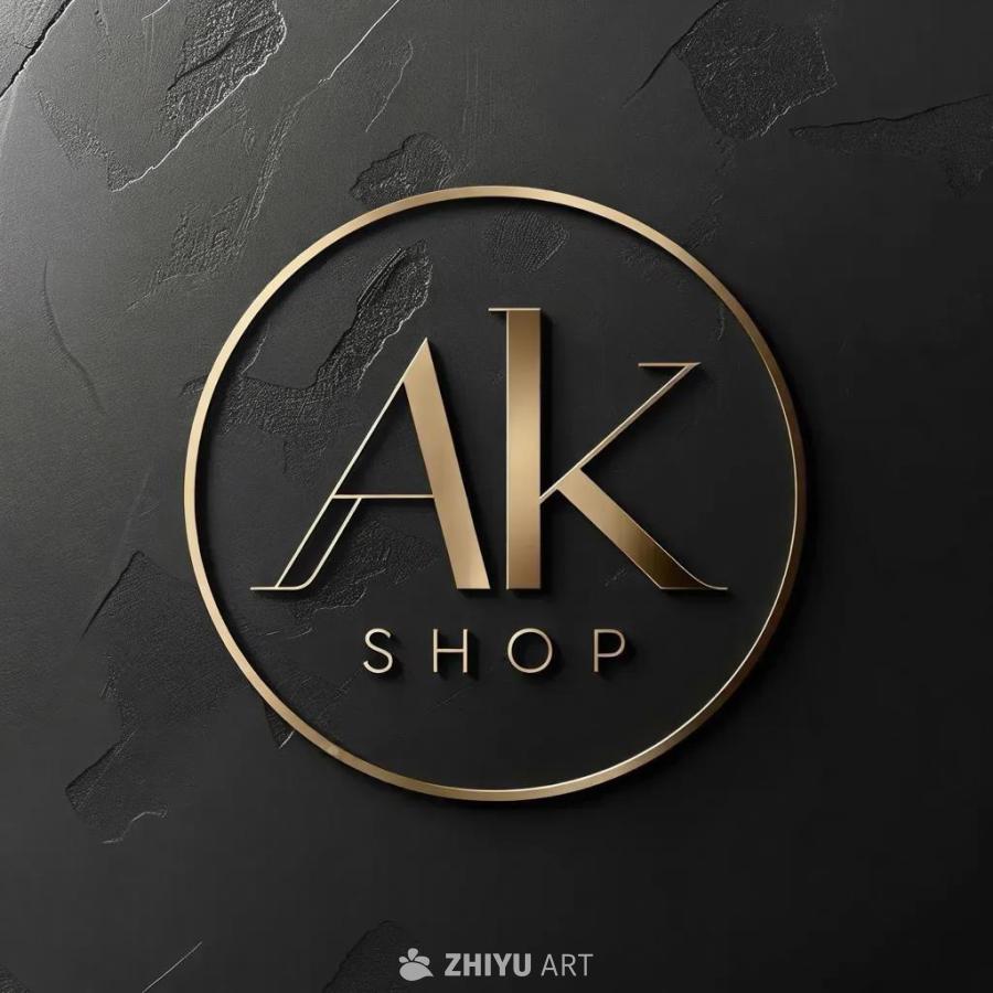 黑色背景上呈现一个金色的“AK SHOP”徽标。 