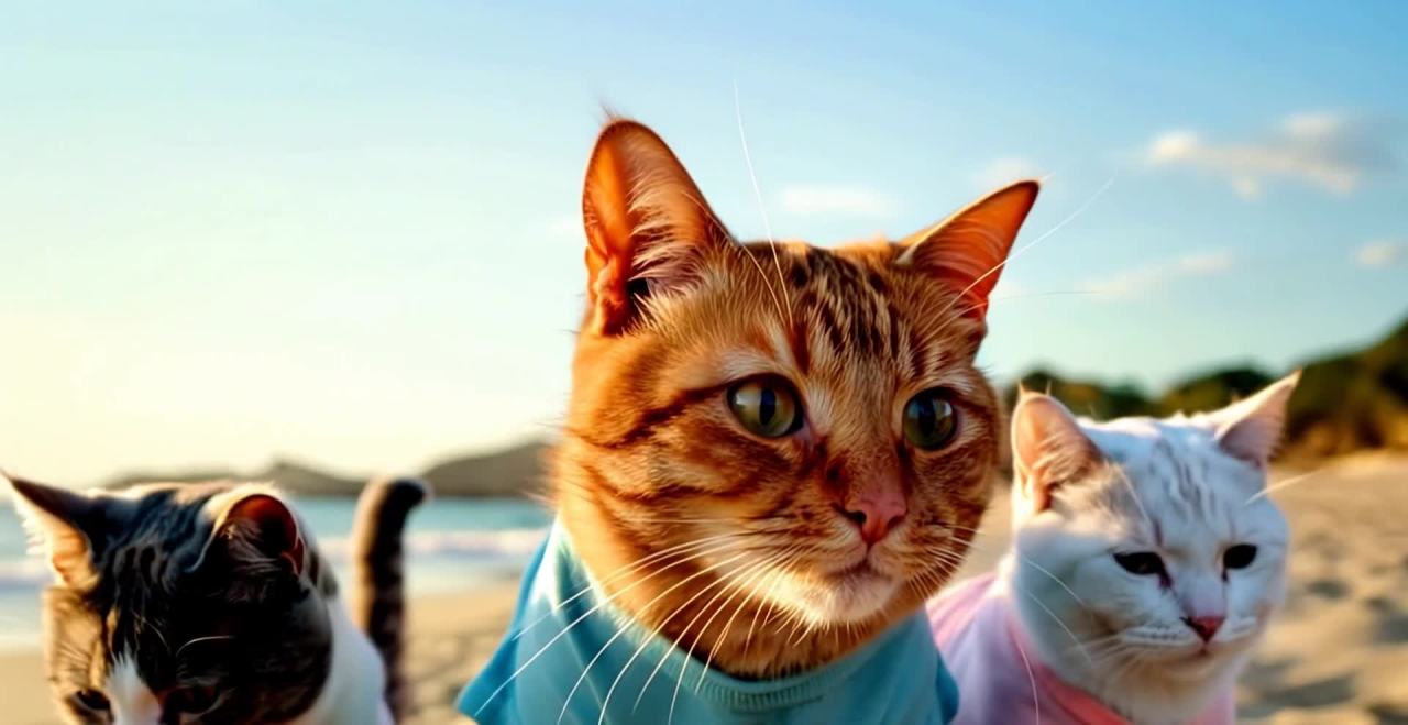 海滩上三只猫咪仰望天空，阳光照耀下的它们