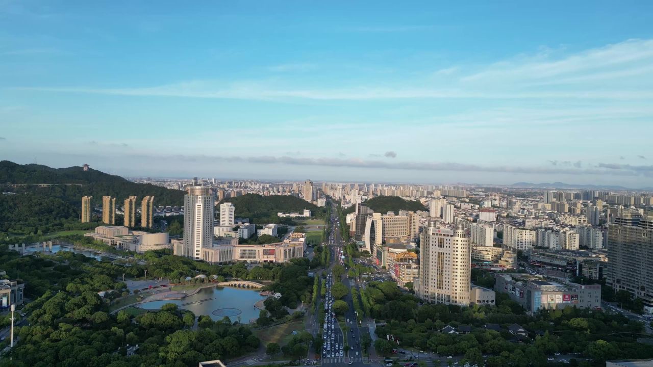航拍台州市民广场水景公园