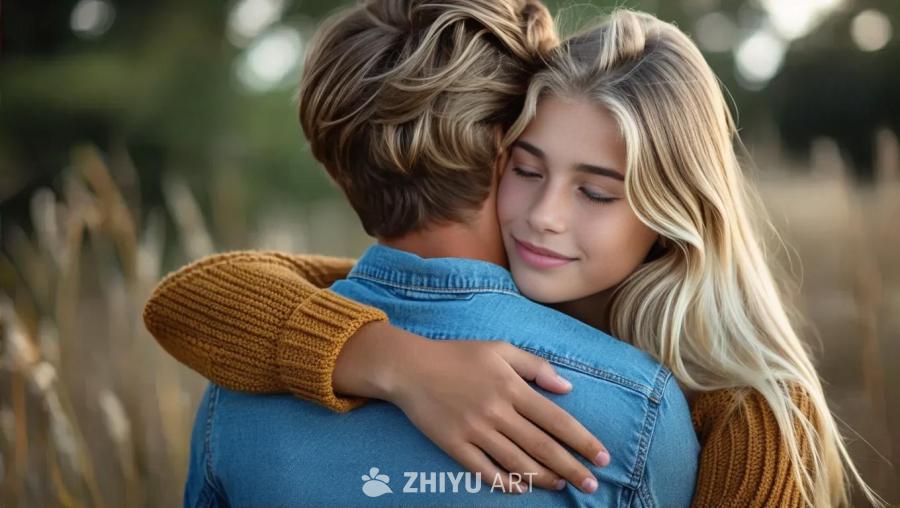一名年轻男子从背后拥抱着一名金发女孩。男子双臂环绕