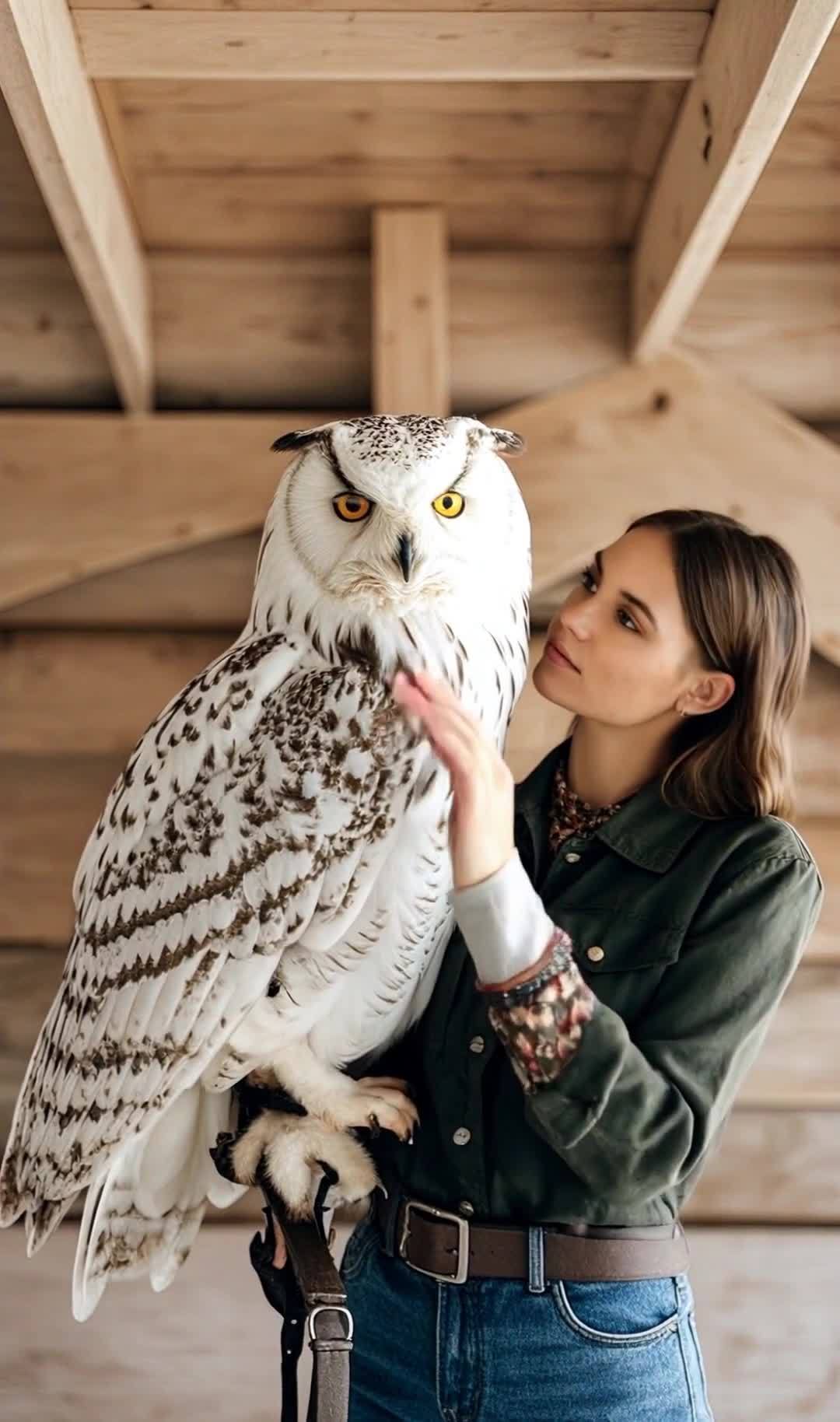 美女与猫头鹰在木质背景前的亲密合影