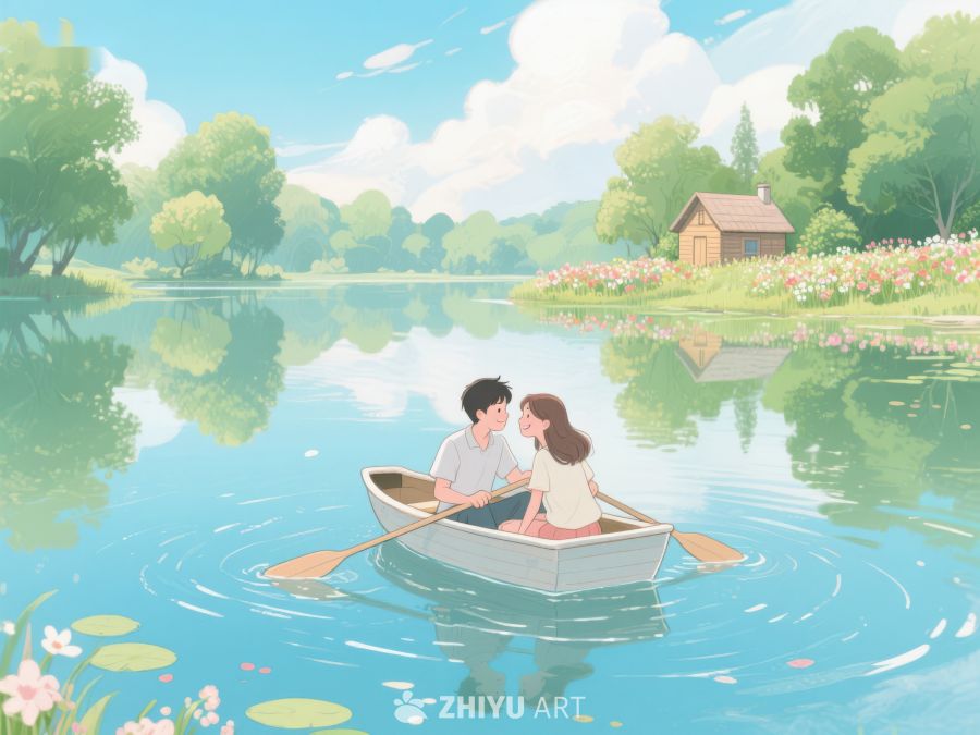 湖上划船的情侣 299