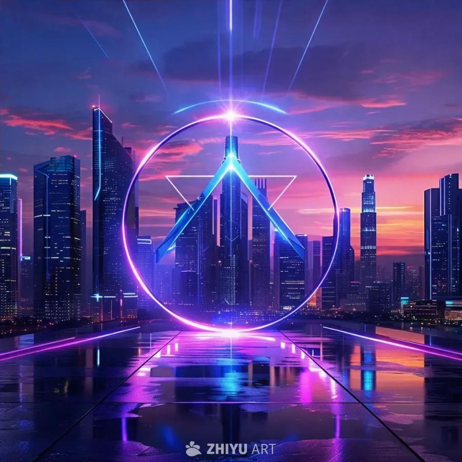 一个发光的Brightz标志，在黄昏时未来主义城市