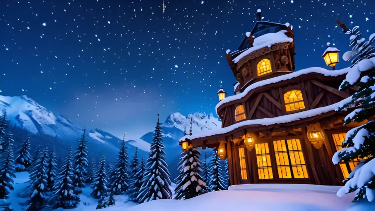 雪覆盖着常青树，它们高大挺拔，树枝上挂满了新鲜的雪
