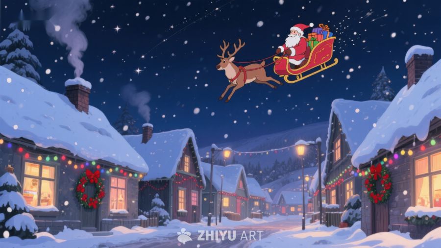 圣诞夜雪景与驯鹿雪橇 248