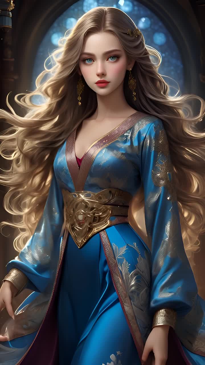 一位长发女性，身穿蓝色长袍，长袍上有金色花纹装饰，