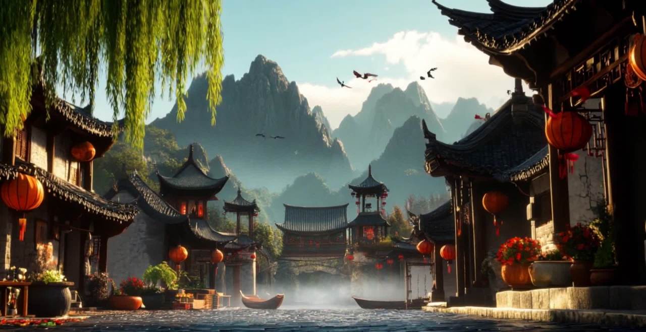 中国西南地区的一座古老城镇，青石板街道两侧林立着古