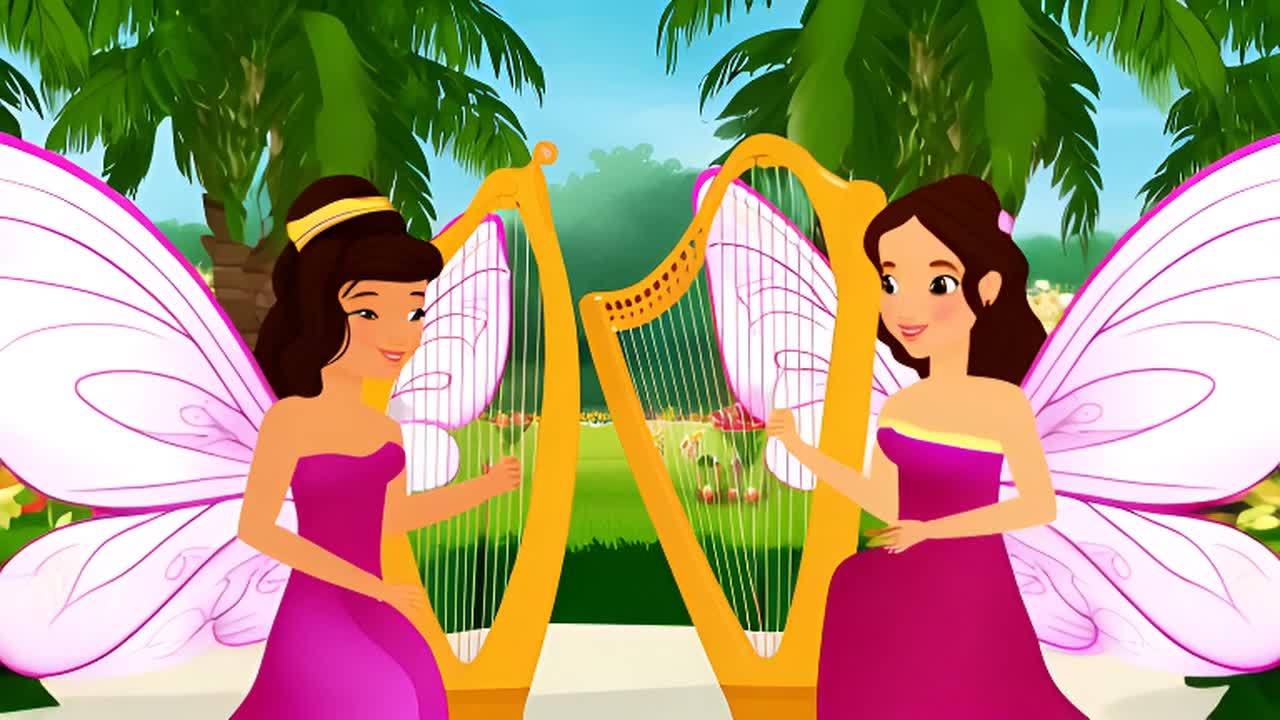 两位美丽的仙女在一片美丽的花园里弹奏竖琴。她们穿着